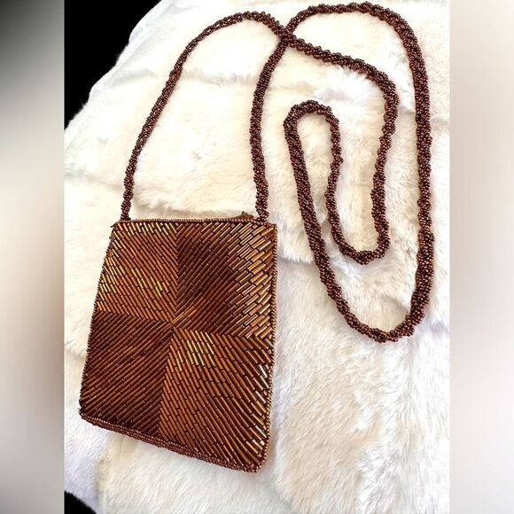 Vintage 80's Bronze Tone Beaded Evening Bag 21" Strap - Picture 9 of 17